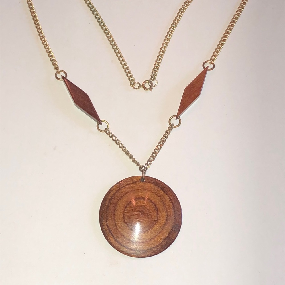 Wooden Disc Pendant Necklace in Brown and Gold Tone
